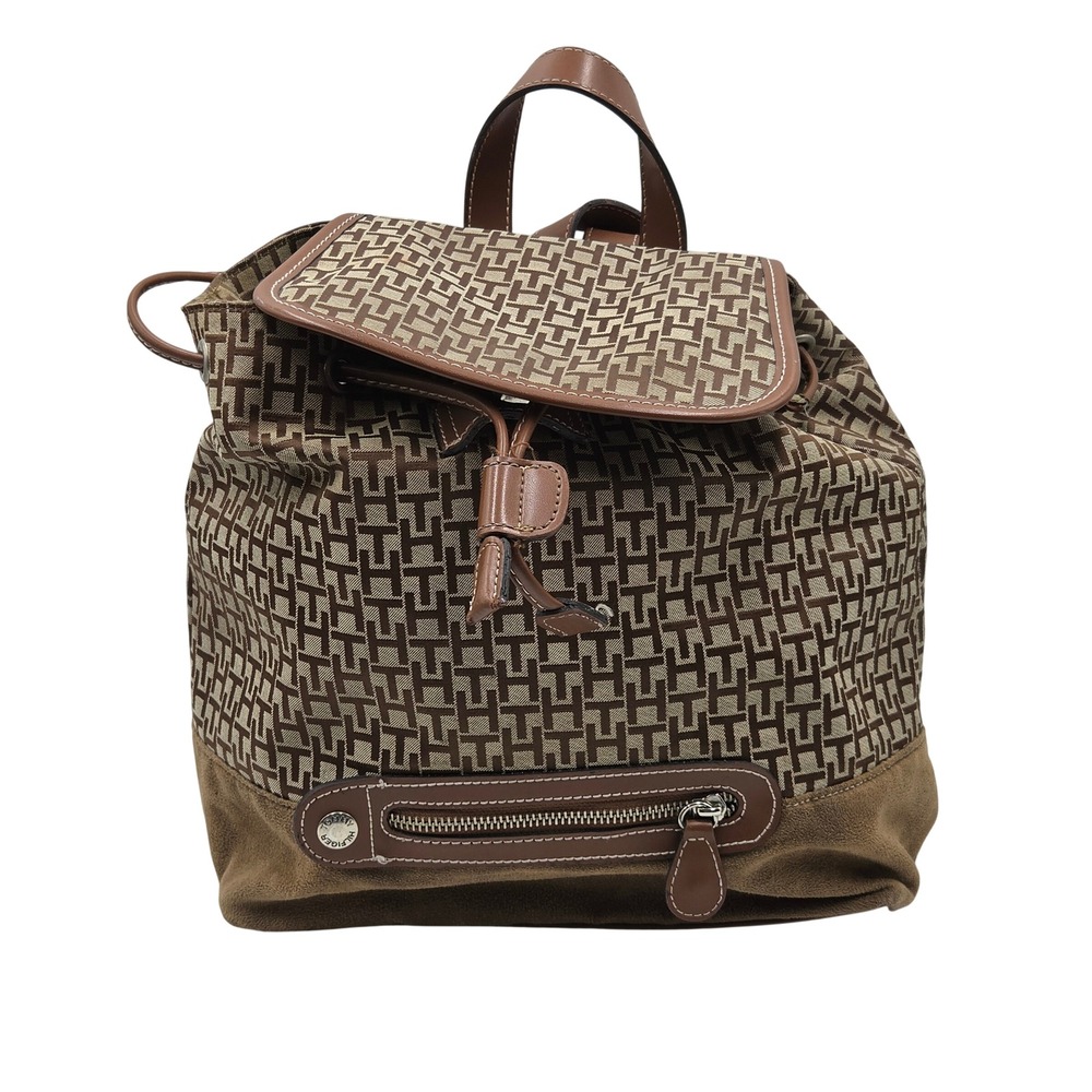 Tommy Hilfiger Monogram Jacquard Backpack Brown Tan Drawstring Faux Leather Trim